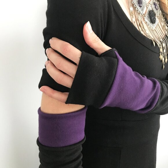 ORGANIC COTTON Long Striped Gloves Purple Hand Warmers Black Armwarmer Patchwork - Picture 3 of 5